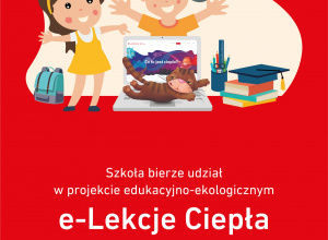 Plakat reklamujący "e-Lekcje Ciepła". Dwójka dzieci a wokół nich rozłożone książki, tornister, szkolne przybory oraz otwarty laptop.